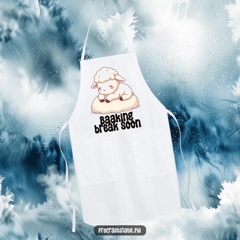 Funny sheep apron depicting a calm sheep resting its head on a soft blanket, ideal for cooking with a dose of serene humor.