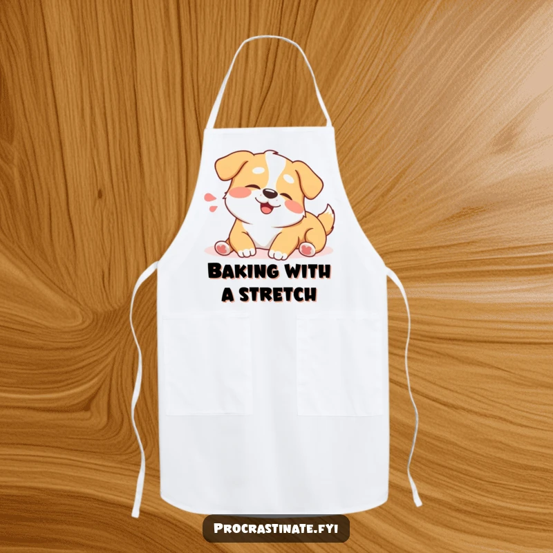 Funny happy dog apron showing a joyful dog stretching lazily with a contented sigh. Kitchen fun.