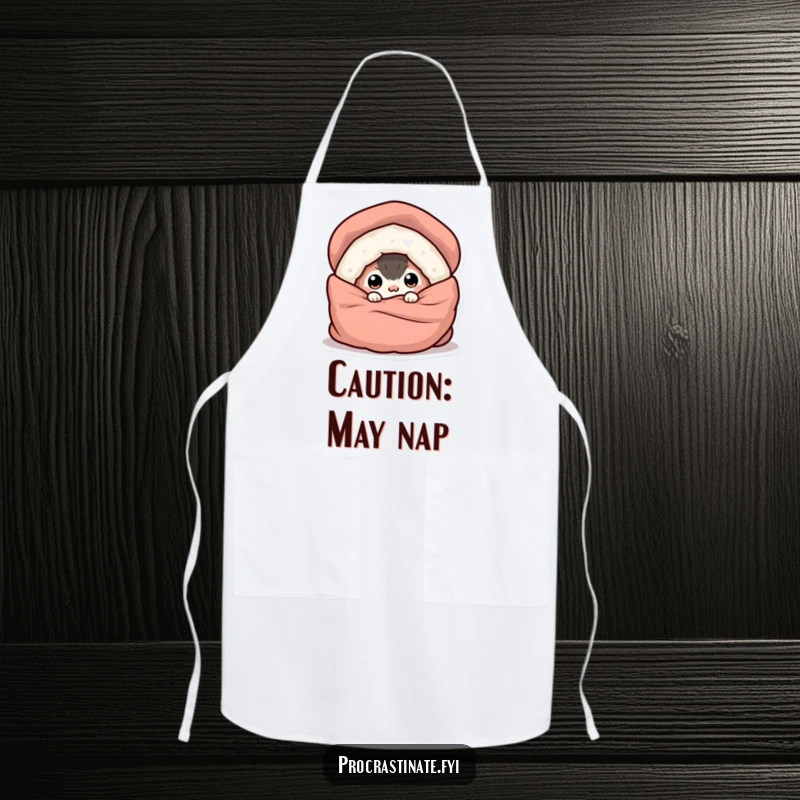 Funny apron illustrating a creature hiding under a blanket, eyes peeking out, offering kitchen comfort and humor.