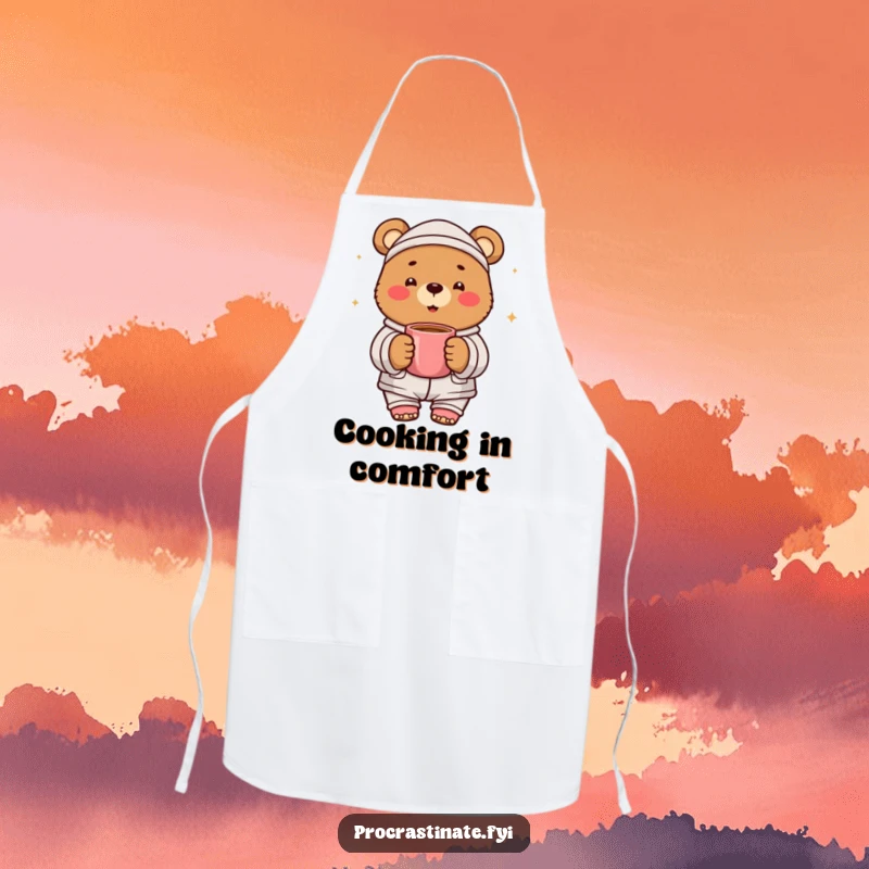 Funny bear pajama apron showing a cheerful bear in pajamas, holding a warm mug. Kitchen fun.