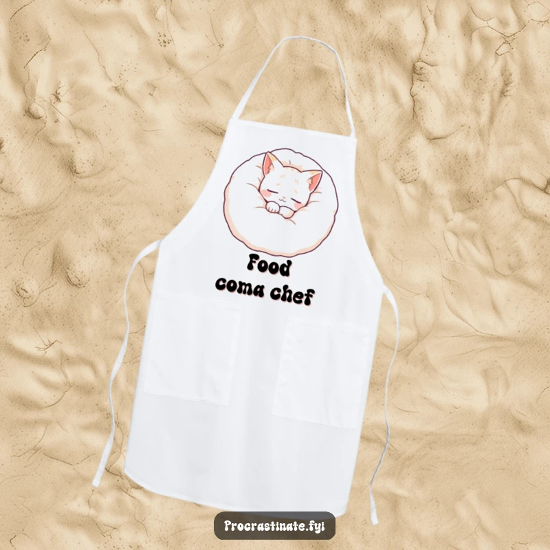 Funny cat apron with a peaceful feline nestled in a giant fluffy pillow, perfect for adding calm and humor to cooking.