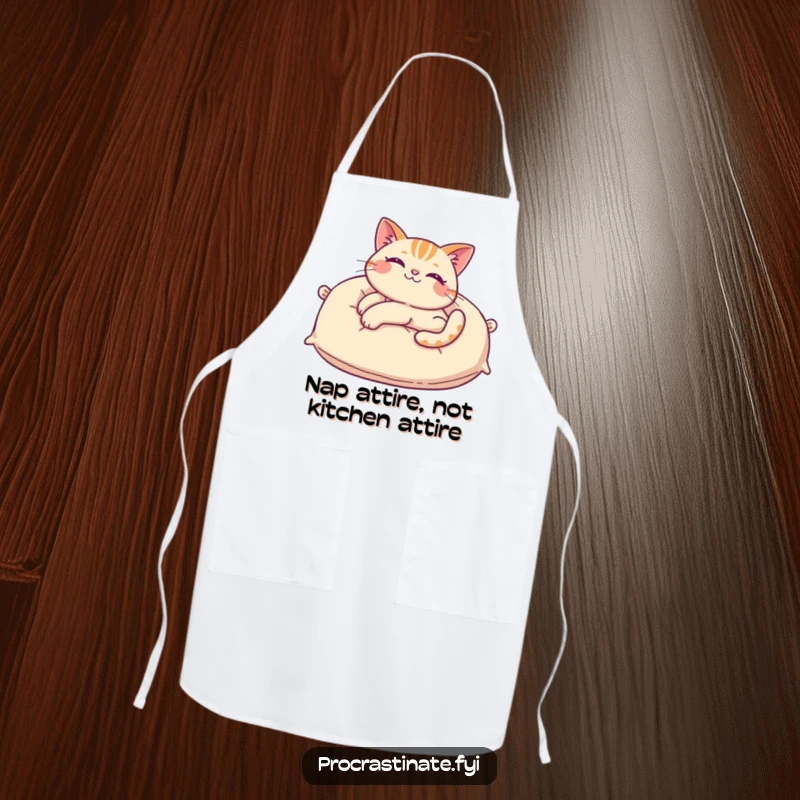 Funny cat apron with a cheerful cat stretching lazily on a giant pillow, bringing humor and charm to kitchen tasks.