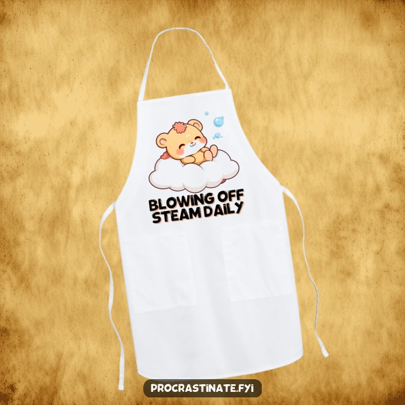 Funny Apron featuring a cute animal character on a cloud, cheerfully blowing bubbles, perfect for a playful cook.