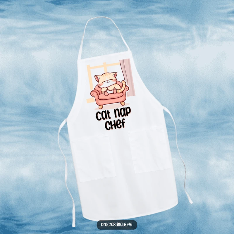 Funny content cat character purring while napping peacefully on a cushioned chair, a durable and funny apron for kitchen use.