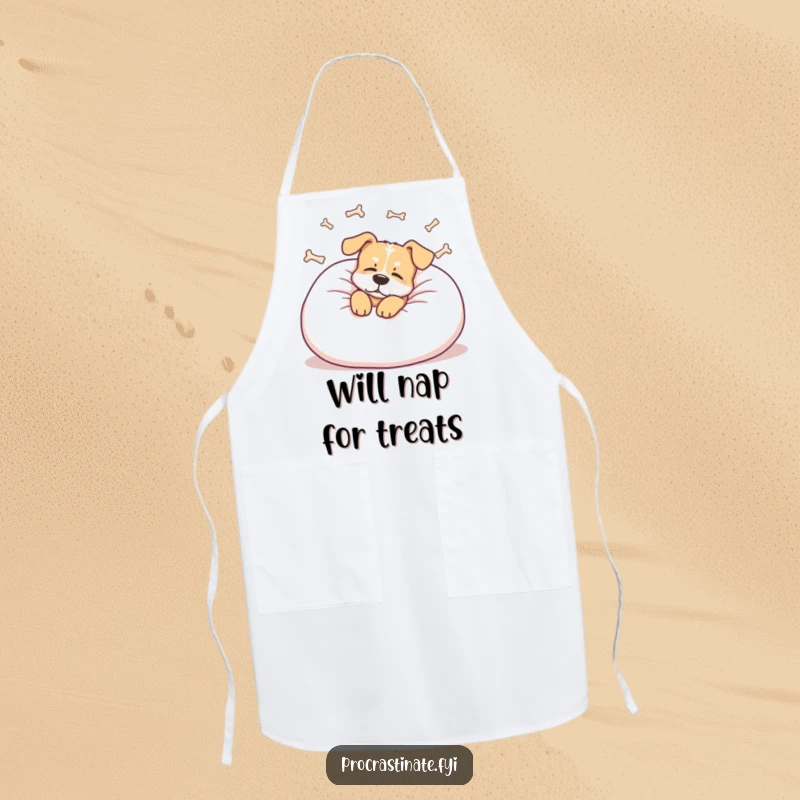 Funny dog apron with a relaxed dog lounging on a giant pillow, dreaming of bones, a humorous kitchen accessory for cooks.