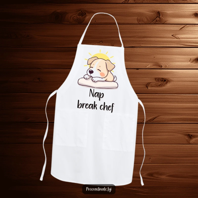 Funny dog apron featuring a dog stretching contentedly in a sunbeam, ideal for kitchen duties with a side of laughter.