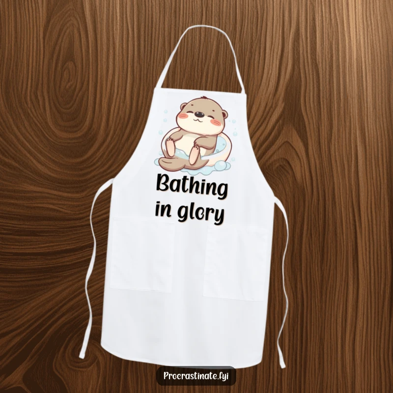 Funny apron showing a completely relaxed otter character floating contentedly on its back in a bubbly bathtub, ready to cook.