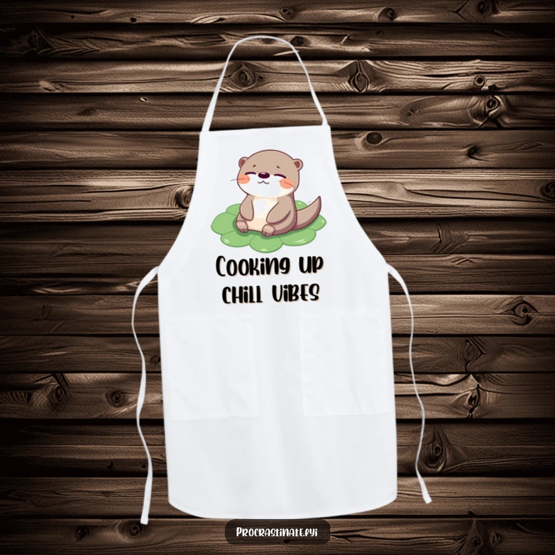 Funny otter apron print of a cheerful creature floating on a lily pad, eyes closed, perfect for kitchen relaxation.