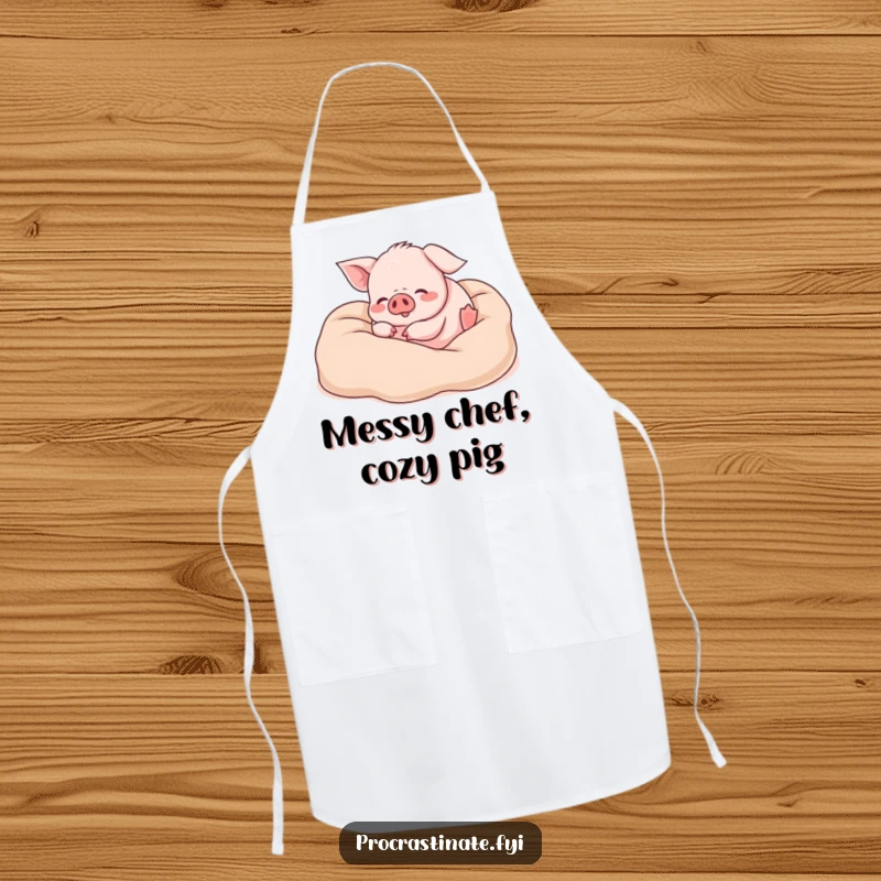 Funny piglet apron with a happy piglet rolling around in soft blankets, making kitchen tasks more enjoyable with its cheerful design.