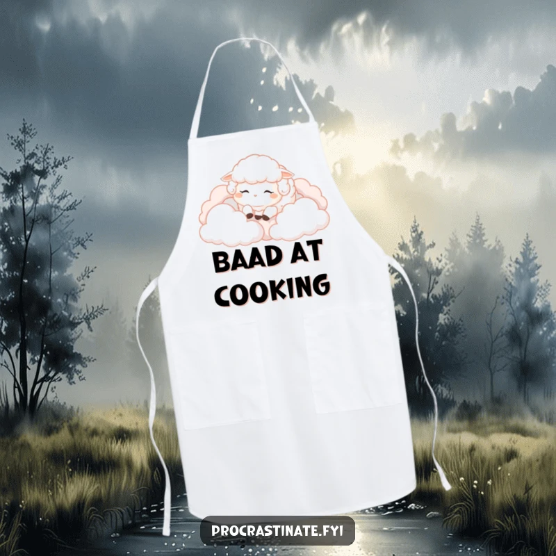 Funny Sheep Apron: A fluffy sheep rests on clouds, perfect for a peaceful and humorous cooking experience in the kitchen.