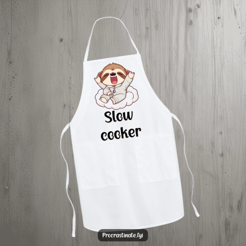 Funny apron featuring a lazy sloth in pajamas yawning widely, perfect for cooks who embrace relaxation and humor in the kitchen.