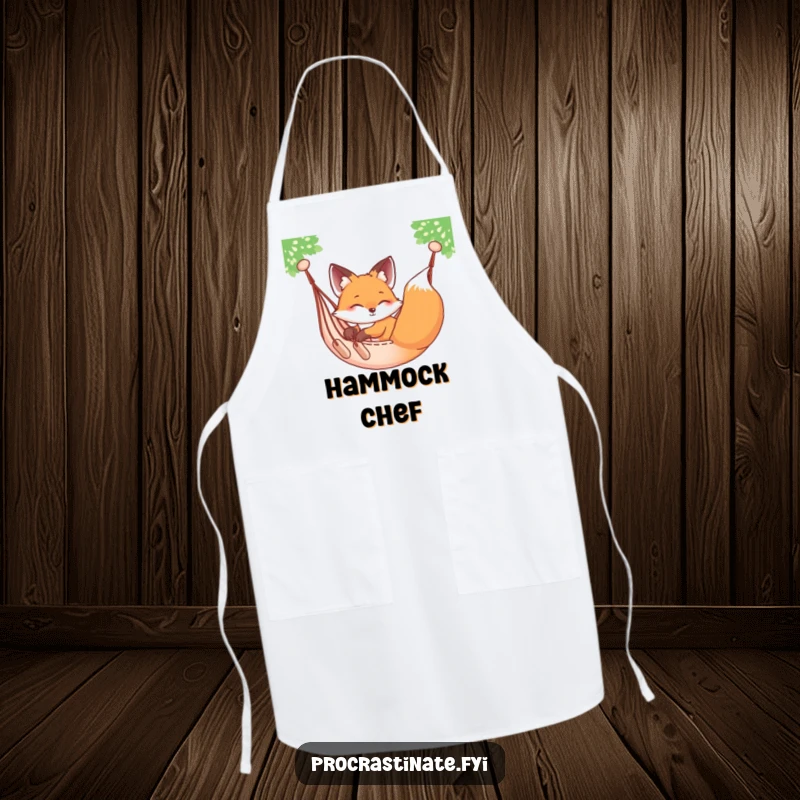 Funny relaxed fox sprawled on a hammock, gently swaying, depicted on a kitchen apron.