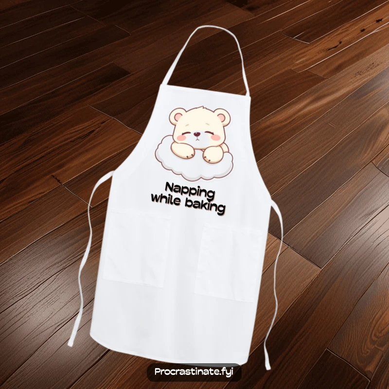 Funny Lazy Bear Cub Apron, a bear cub relaxing on a cloud, perfect for cozy cooking sessions with a humorous twist.
