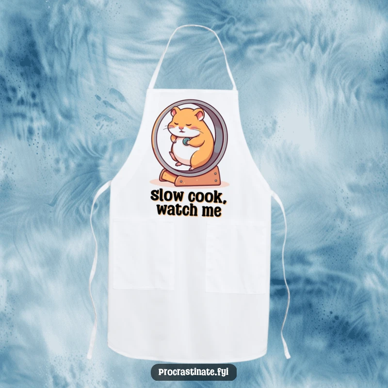 Funny apron featuring a tired hamster laboriously rolling on an oversized wheel, perfect for slow-paced kitchen endeavors.