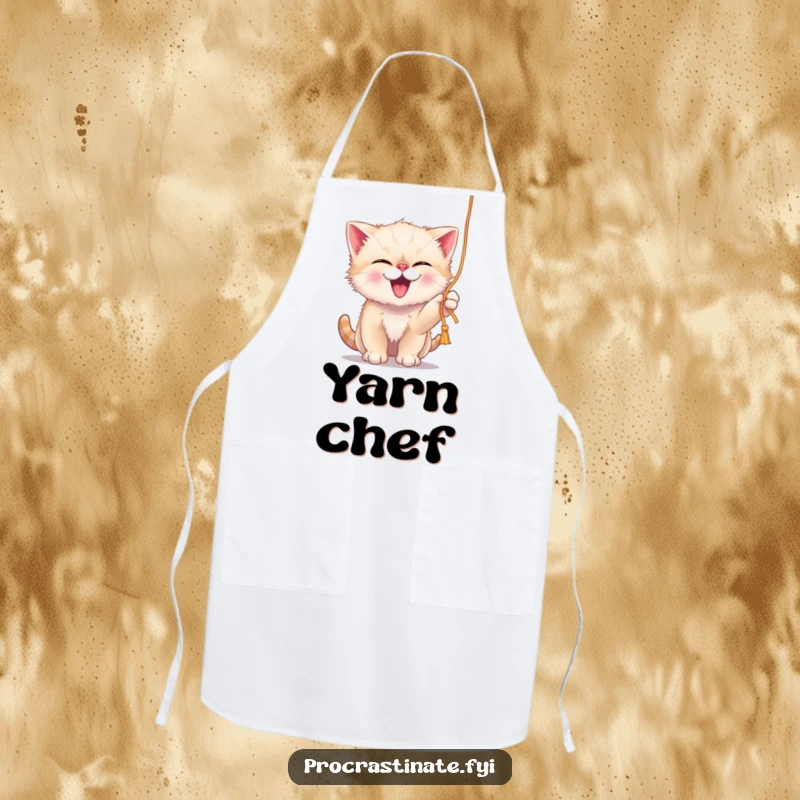 Funny giggling kitten playfully batting at a dangling string of yarn, depicted on a kitchen apron.