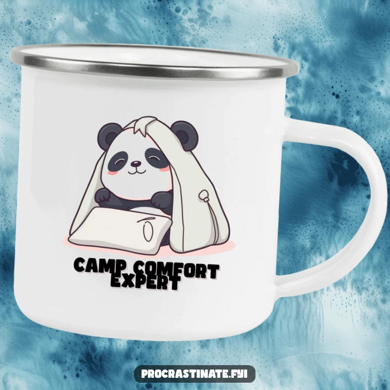 Funny Panda Camping Mug: Determined panda building a pillow fort, durable for outdoors, perfect funny gift for campers.
