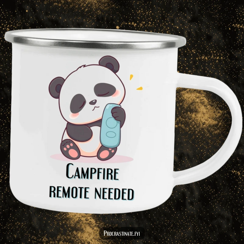 Funny camping mug with a sleepy panda making a great effort to reach a remote control, perfect for outdoor drinks.