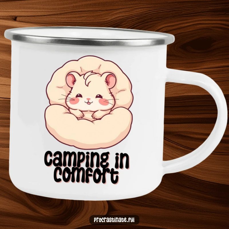 Funny hamster camping mug showing a content hamster burrowed deep within a pile of fluffy pillows, ideal for cozy outdoor moments.