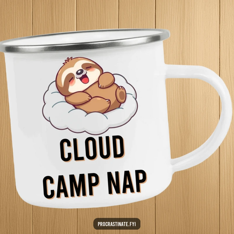 Funny Sloth Camping Mug featuring a relaxed character on a cloud, built for outdoor chill and adding a humorous sloth twist.