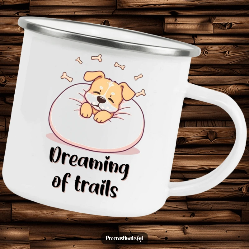 Funny dog camping mug showing a relaxed dog lounging on a giant pillow, dreaming of bones, ideal for outdoor enthusiasts.