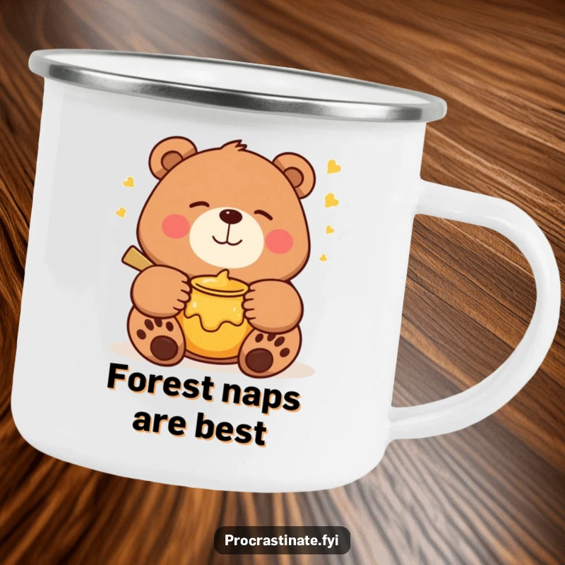 Funny bear camping mug with a smiling bear dreaming of a honey pot, ideal for outdoor adventures and warm beverages.