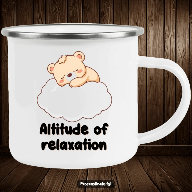 Funny sleepy bear cub napping soundly on a cloud, depicted on a durable camping mug.