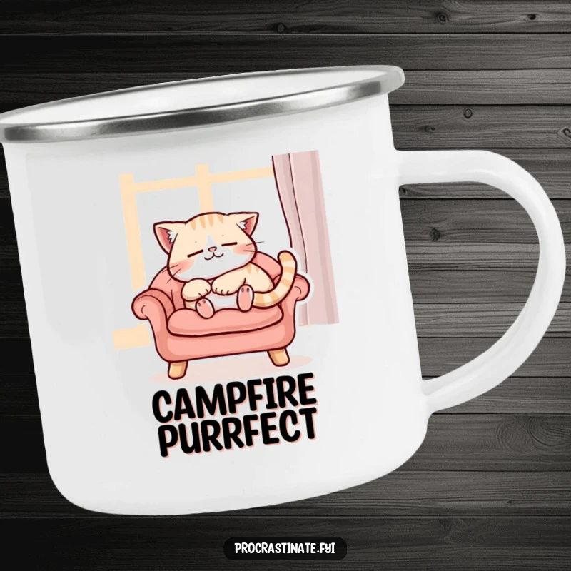 Funny content cat character purring while napping peacefully on a cushioned chair, a sturdy enamel mug for outdoor relaxation.