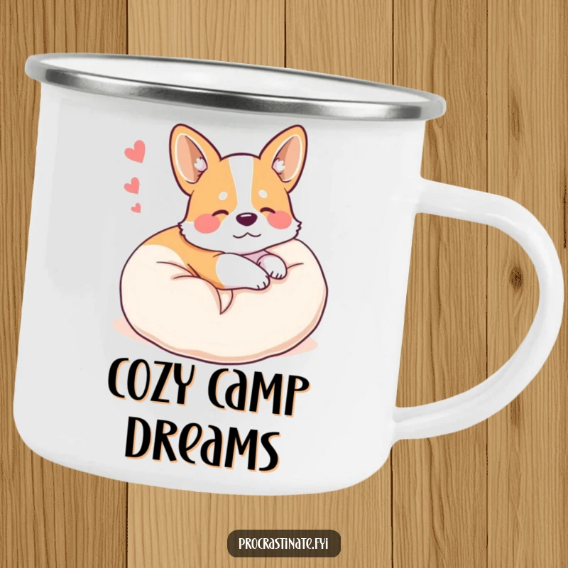 Funny happy corgi curled up on a plush pillow, dreaming, depicted on a rugged camping mug.
