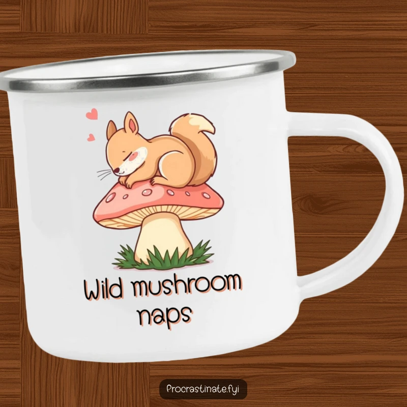 Funny dozing squirrel asleep on a giant mushroom cap on a durable camping mug, perfect for nature trips.