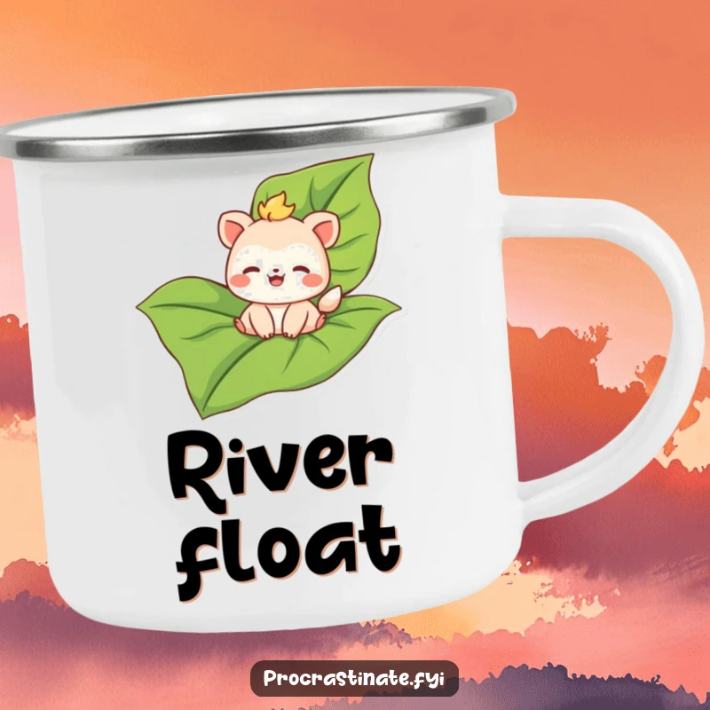 Funny camping mug showing a joyful animal character happily floating on a large leaf, perfect for outdoor enjoyment.