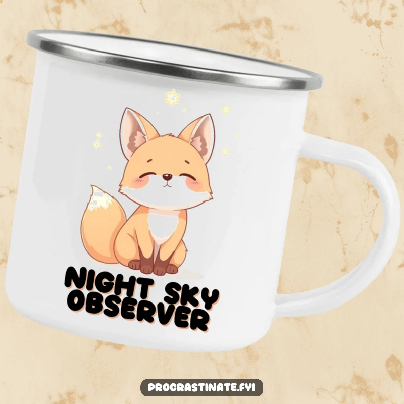 Funny fox camping mug depicting a mellow fox gazing dreamily at a starry sky, ideal for adventurers who love the night.