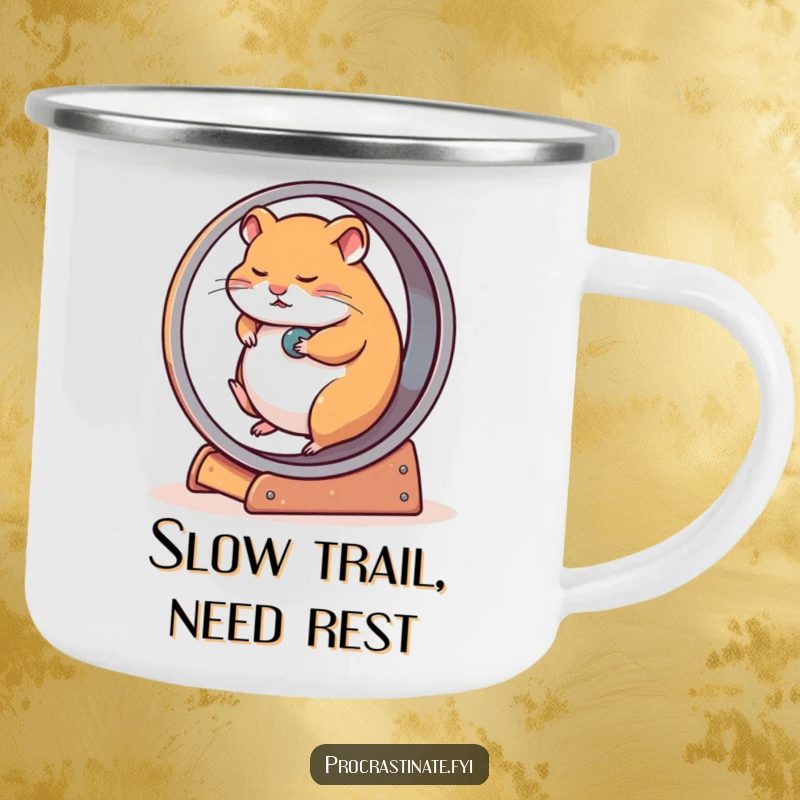 Funny camping mug with a tired hamster slowly rolling on a giant wheel, perfect for enjoying drinks at a leisurely pace outdoors.