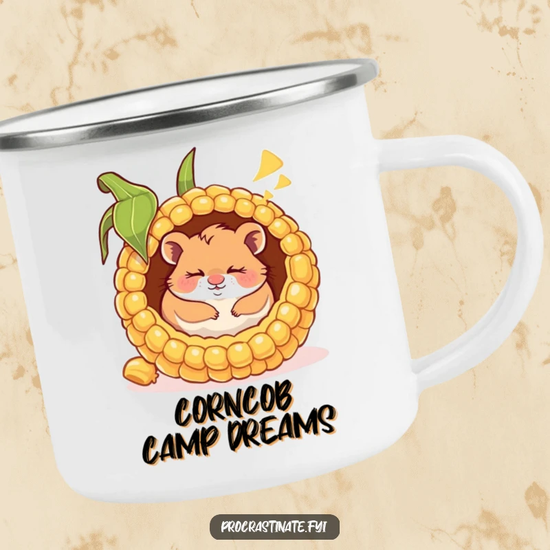 Funny camping mug featuring a happy hamster napping inside a giant corn cob, smiling in its dream, ideal for cozy outdoor drinks.