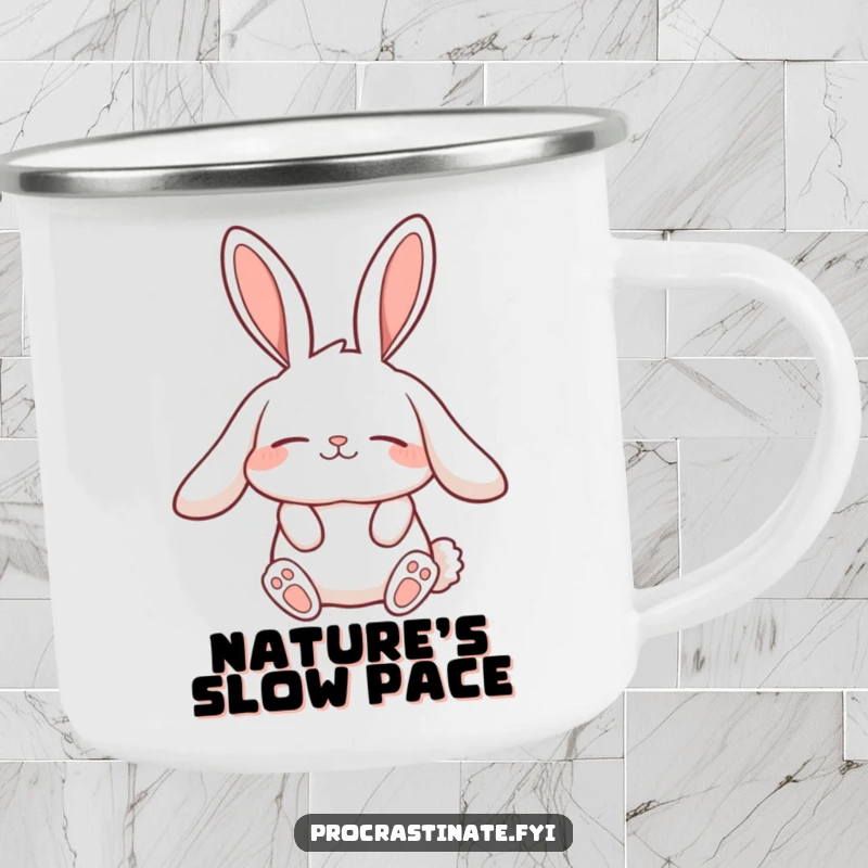 Funny lazy rabbit camping mug with a character showcasing long, relaxed ears while stretching slowly, perfect for leisurely outdoor enjoyment.