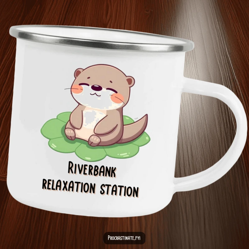 Funny otter camping mug with a cheerful creature floating on a lily pad, eyes closed, designed for peaceful fun.