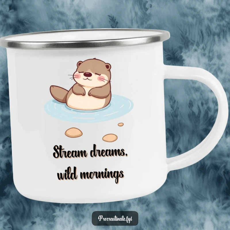 Funny otter floating peacefully on its back in a calm stream, looking relaxed on this durable camping mug for adventures.