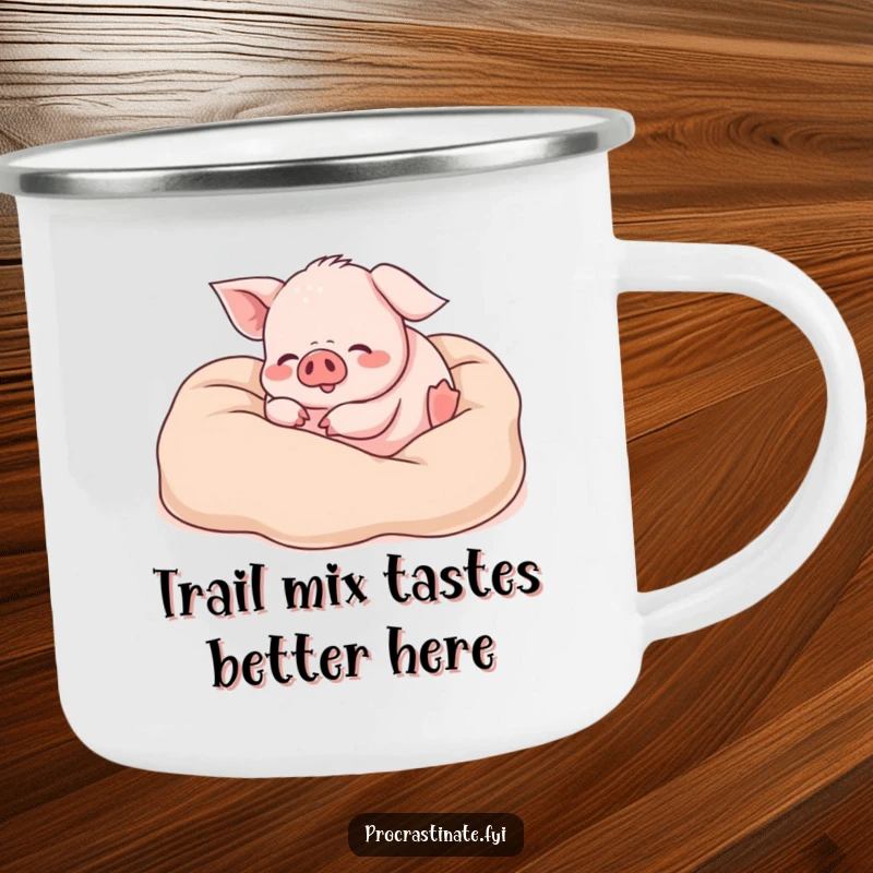Funny piglet camping mug showing a happy piglet rolling in soft blankets, perfect for enjoying drinks outdoors with a touch of cute humor.