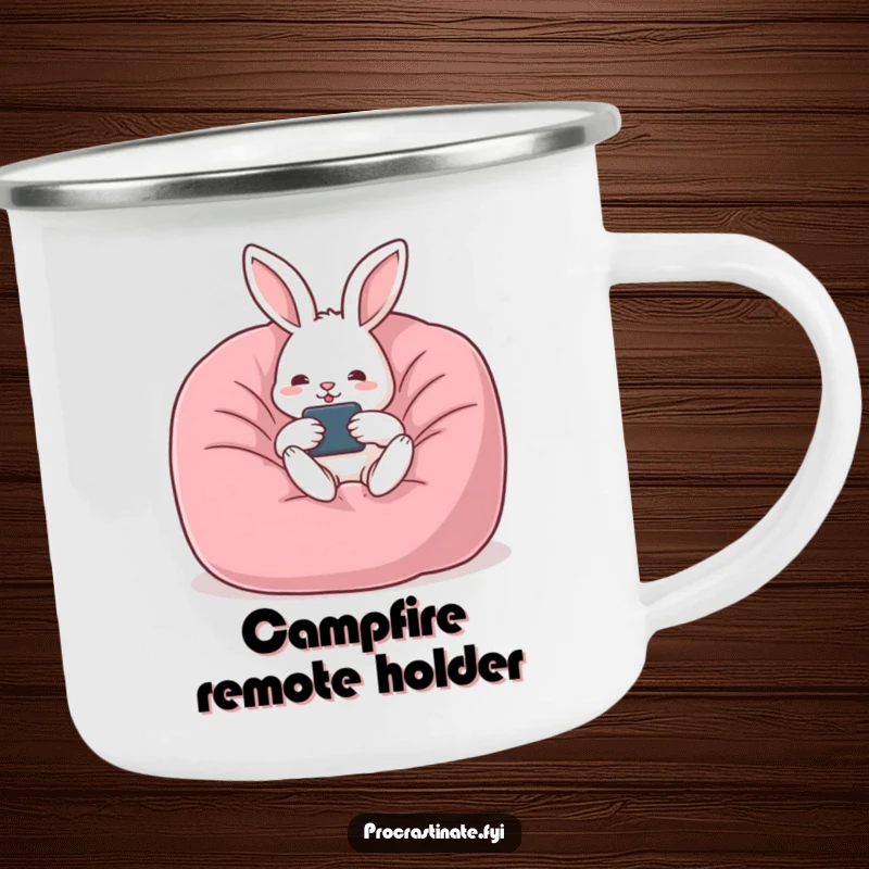 Funny rabbit camping mug showing a relaxed rabbit lounging in a beanbag chair with a remote, ready for a chill outdoor break.