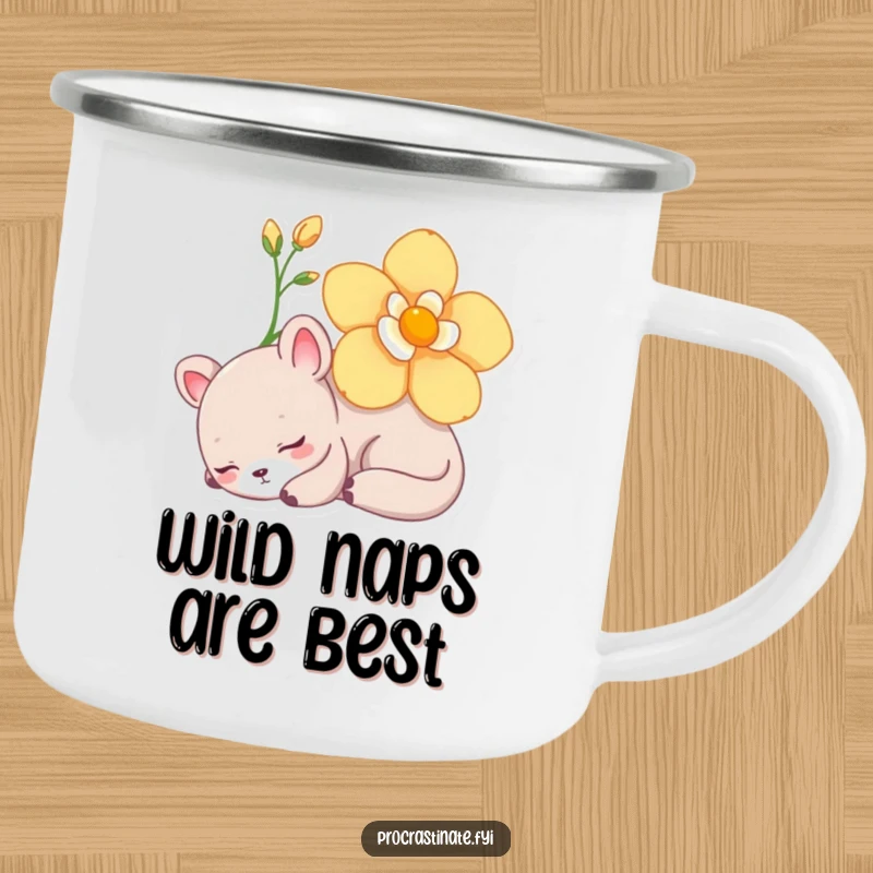 Funny Camping Mug with a lazy animal character napping under a flower, perfect for sipping coffee peacefully outdoors.