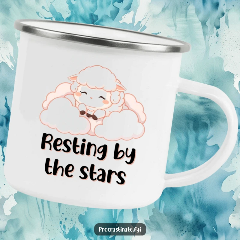 Funny Sheep Camping Mug: A fluffy sheep rests on clouds, ideal for enjoying drinks outdoors with a touch of humor.