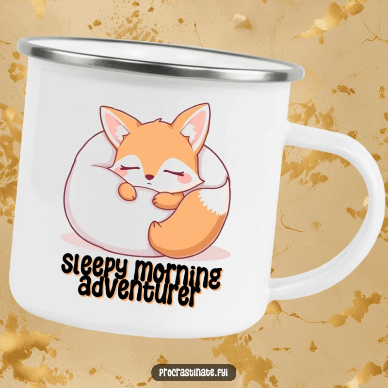 Funny sleepy fox camping mug featuring a cute fox character snoozing soundly, nestled comfortably within a massive pillow. Adventure meets naptime.