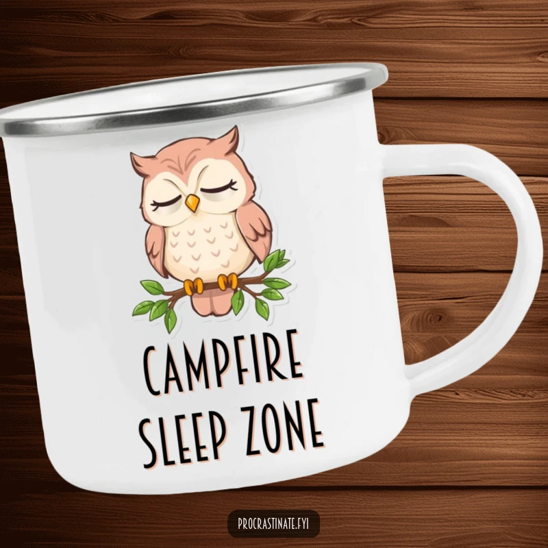 Funny sleepy owl camping mug showing an owl dozing on a small branch, perfect for enjoying warm drinks in nature.