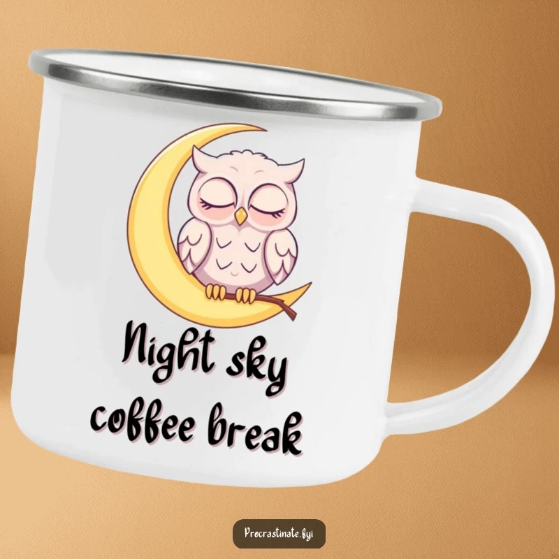 Funny sleepy owl perched on a glowing crescent moon, gently nodding off on this durable camping mug for stargazers.