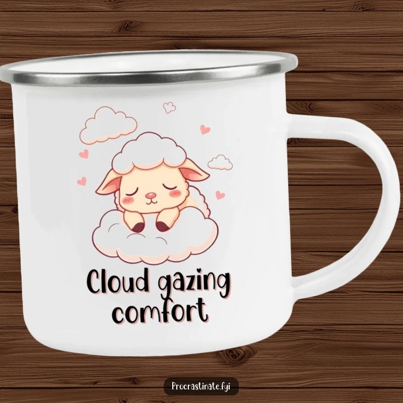 Funny camping mug with a sleepy cartoon sheep counting fluffy clouds, perfect for peaceful outdoor times.