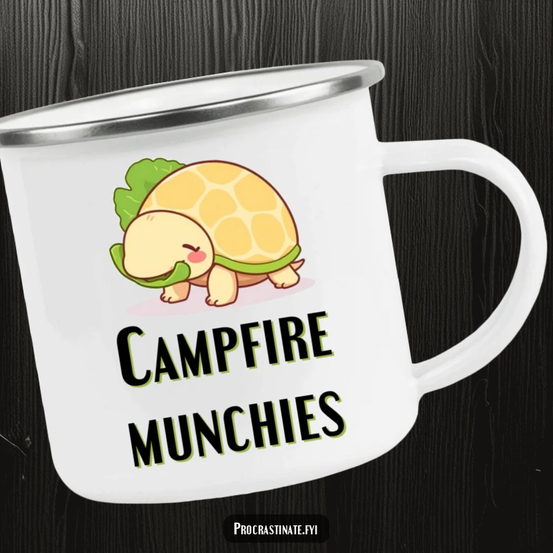 Funny Turtle Camping Mug: A chill turtle slowly eats lettuce, ideal for enjoying drinks outdoors with a humorous, unhurried vibe.