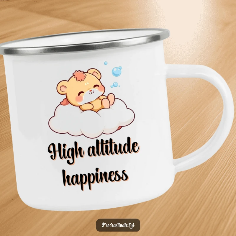Funny Camping Mug with a cute animal character on a cloud, joyfully blowing bubbles, perfect for outdoor sipping.
