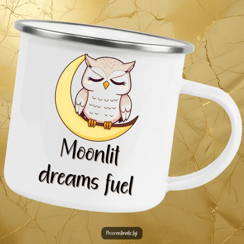 Funny owl camping mug with a dazed, sleepy owl on a crescent moon, for humorous outdoor drinking experiences.