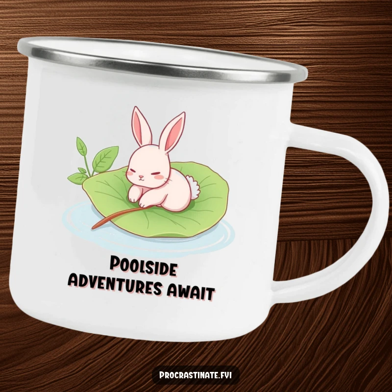 Funny rabbit camping mug showing a languid rabbit floating on a giant leaf in a calm pool, ideal for nature lovers.