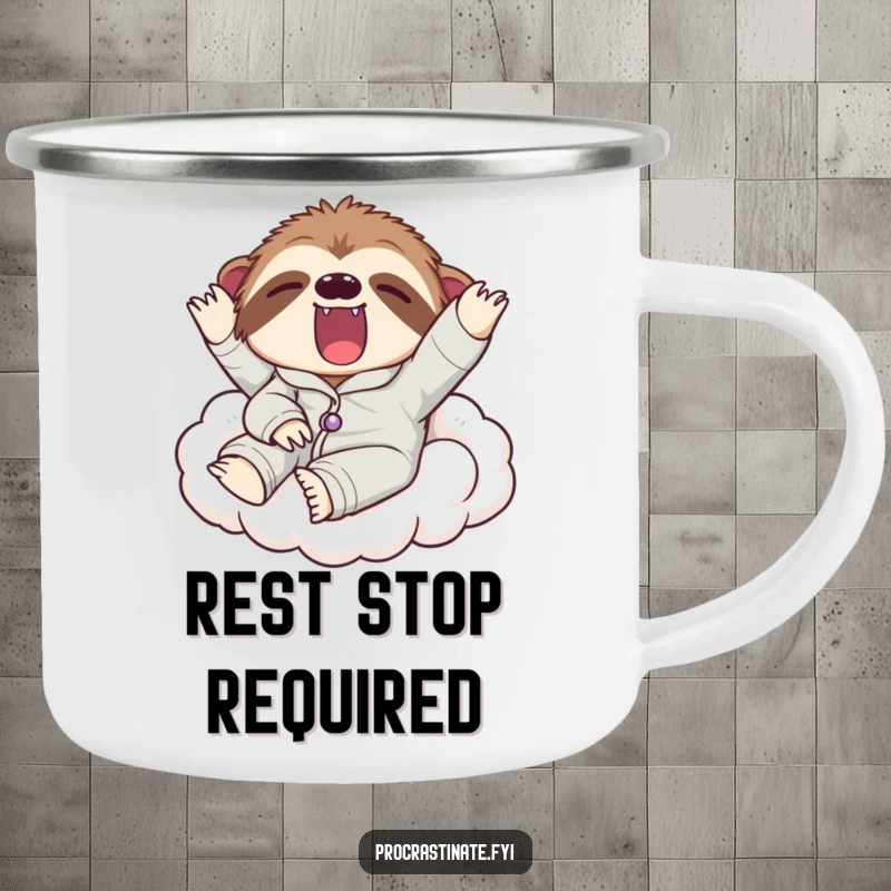 Funny enamel camping mug featuring a lazy sloth in pajamas yawning widely on a cloud, perfect for outdoor relaxation and gifts.