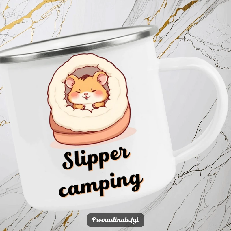 Funny happy hamster napping in a large slipper, ideal for peaceful campfire moments and outdoor relaxation.